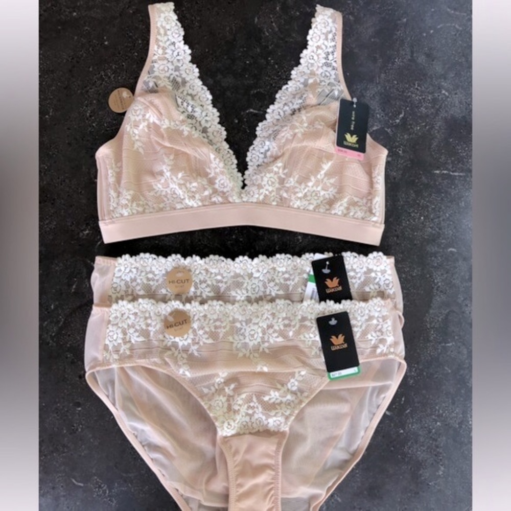 3 Piece - Wacoal lace-trimmed bralette & 2pair matching high-cut panties, “sand” - Picture 10 of 14